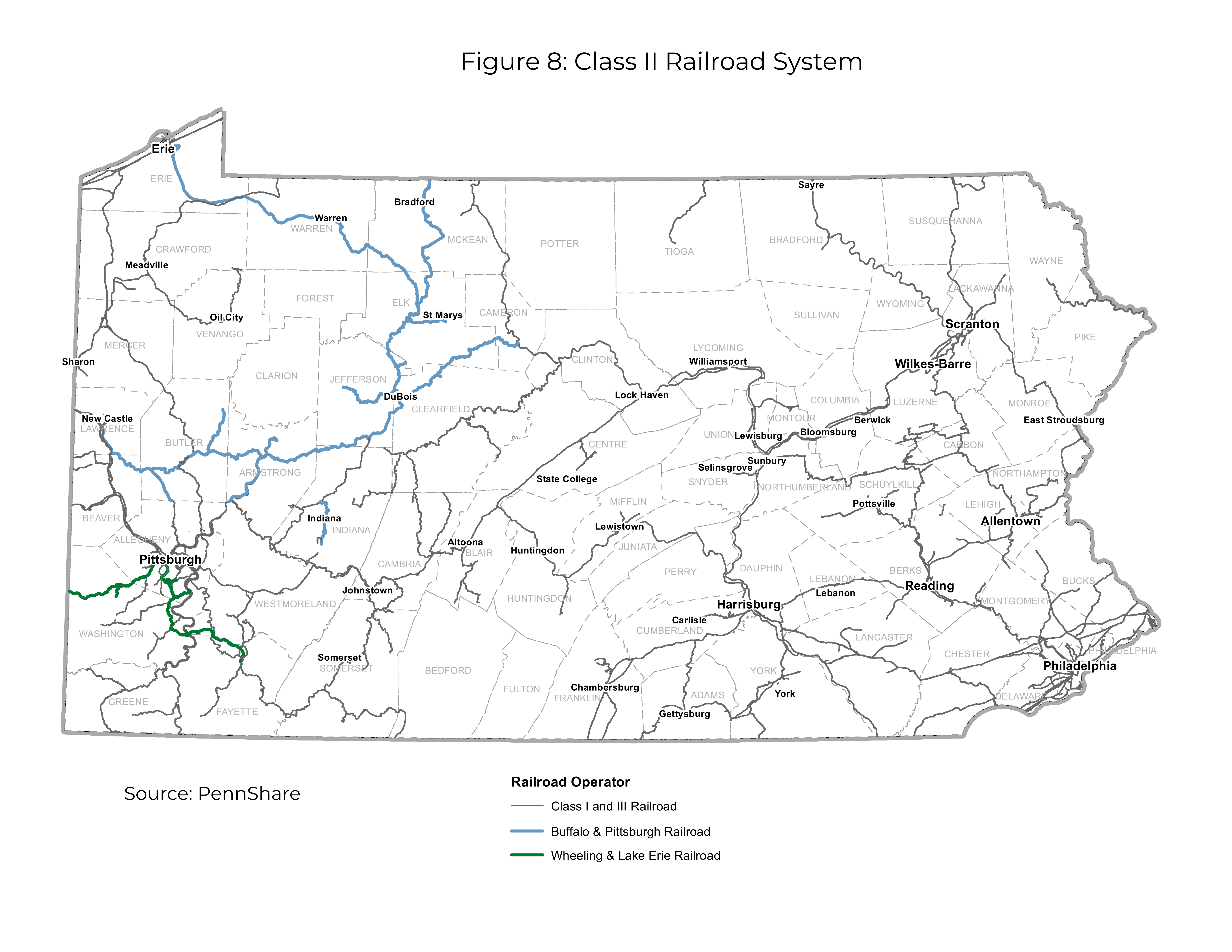 Figure 8 is a state map of Pennsylvania illustrating the state’s Class 2 regional railroad system using blue and green lines.